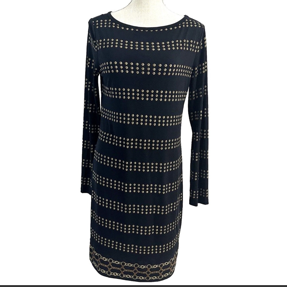 Michael Kors Black Gold Geometric Pattern Tunic Dress Small long sleeve stretch